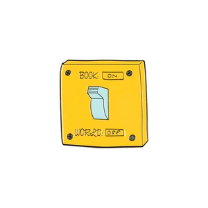 Cartoon switch enamel pin featuring Book ON World OFF slogan in bright yellow finish