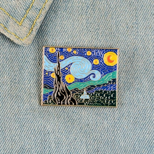 Van Gogh Starry Night Enamel Pin Art Painting Rectangular Alloy Brooch For Clothes Backpack Accessories Retro Artistic Jewelry Gift