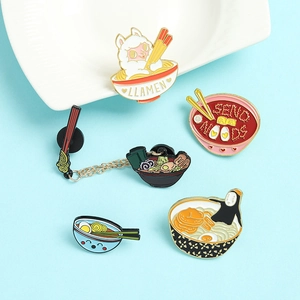 Japanese tonkotsu ramen enamel pins set with llama and heart motifs on blue background