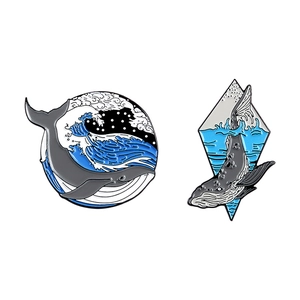 Artistic wave and whale enamel pins set crafted with high-quality zinc alloy and drip oil