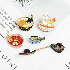 Japanese tonkotsu ramen enamel pin set with creative llama and No-Face metal chain designs