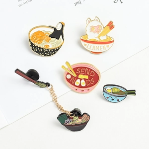 Enamel ramen pins set featuring No-Face bowl, llama, and creative noodle chain design