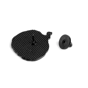Halloween enamel pin back view with black textured metal base and rubber clutch fastener