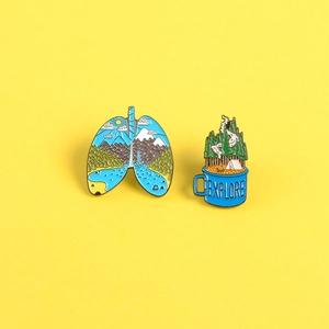 Creative alloy landscape enamel pins featuring lung nature scene and explore coffee mug