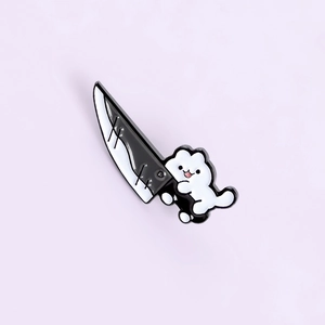 Cute white cartoon cat holding a large sword enamel brooch pin for clothing decoration