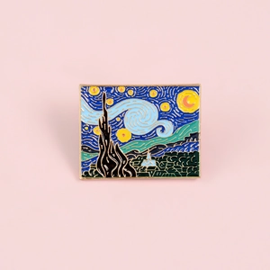 Artistic Van Gogh Starry Night enamel brooch pin in rectangular gold-plated frame