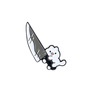Cute cartoon cat holding a big knife enamel pin, creative funny white kitten badge for clothing