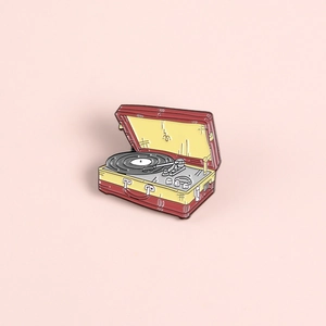 Vintage punk record player enamel brooch pin in burgundy and silver for luggage decor