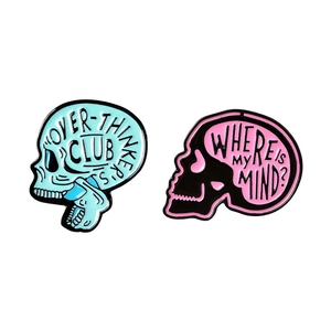 Punk style colorful skull enamel pins with over-thinkers club and where is my mind text