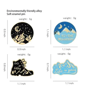 Outdoor hiking boot and mountain peak enamel pins size guide with detailed dimensions