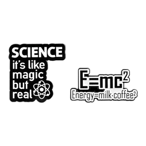 Creative science enamel pins set featuring atoms and E=mc² formula in black and white finish
