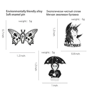 Dark gothic alloy enamel pins featuring skull butterfly and nightmare unicorn designs