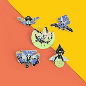 Five-piece vintage enamel insect brooch set with moth, beetle and moon elements