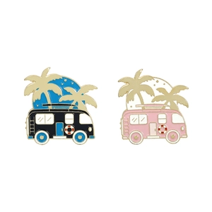 Summer beach camping enamel pins featuring vintage van and palm tree design