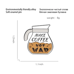 Macro detail of MAKE COFFEE enamel pin with dimensions and alloy material specs