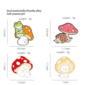 Cute cartoon enamel pins set with frog hedgehog and cat mushroom designs for backpacks
