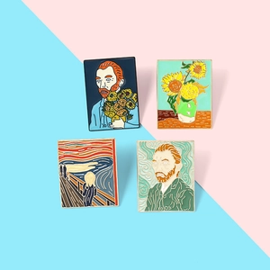 Artistic enamel brooches featuring Van Gogh and Munch masterpieces on a blue background