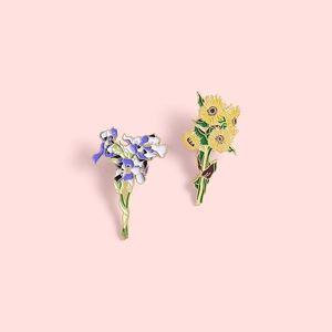 Artistic Van Gogh inspired sunflower and iris enamel flower brooches with gold plating