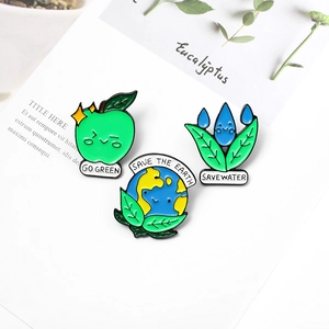 Three eco-friendly enamel pins Save the Earth and Save Water on white card