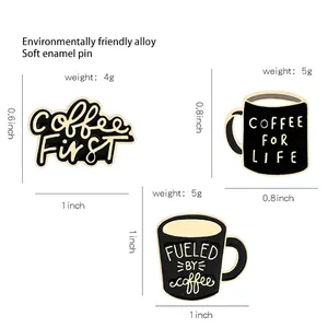 Three coffee-themed soft enamel pins in eco-friendly alloy with sizes and weights shown