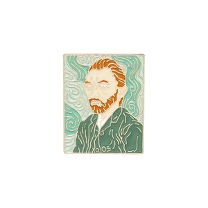 Macro view of Van Gogh enamel pin detail with starry night patterns and gold outlines