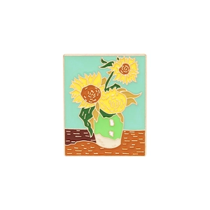 Detailed close-up of Van Gogh Sunflowers enamel pin with vibrant yellow and green finish