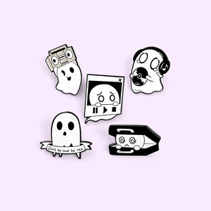 5-piece cute ghost enamel pin set featuring music themes and inspirational quotes