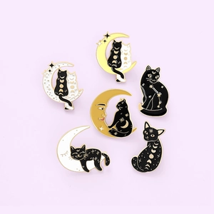 Creative black cat and moon enamel pin set with six unique celestial alloy brooch designs