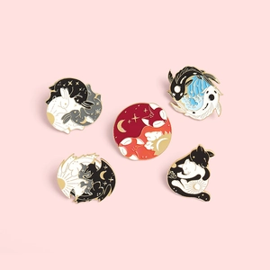 Five-piece Yin Yang enamel pin set with fox, rabbit, and koi designs in gold finish