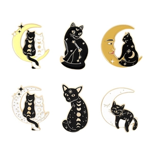 Set of 6 cute black cat and moon enamel brooches with creative starry sky patterns