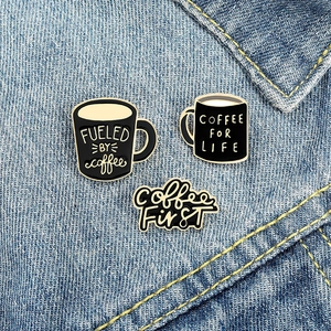 Three-piece coffee enamel pin set with slogans on denim fabric, alloy badge accessories