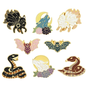Mythical animal enamel pins set featuring nine-tailed fox, wolf, bat, and snake designs