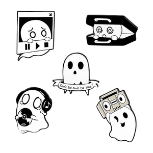 Set of 5 cartoon ghost enamel pins in black and white featuring musical and retro designs