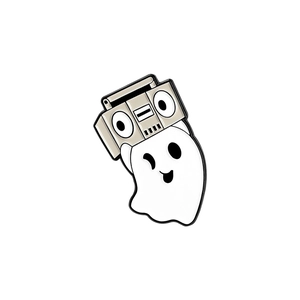 Detailed view of spooky ghost enamel pin carrying a vintage radio boombox