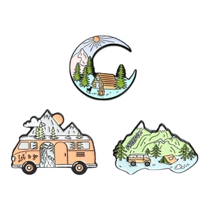 Outdoor adventure enamel pins set with mountain cabin, van, and freedom tent designs