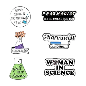 Set of 6 creative enamel science pins featuring beaker and pharmacist slogan designs