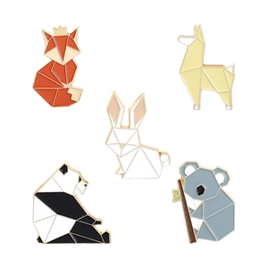 Lot de 5 broches émaillées animaux géométriques style origami renard panda et koala