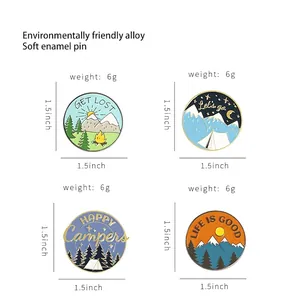 Set of 4 circular outdoor camping enamel pins made of durable alloy with 1.5 inch diameter