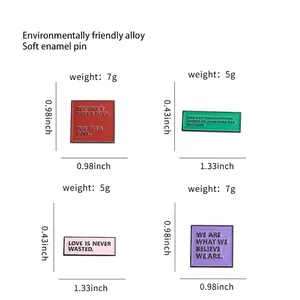 Size chart for enamel pins showing weights and dimensions for square and rectangular designs
