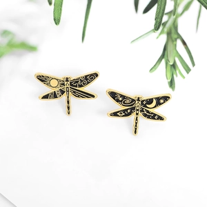 Creative dragonfly brooches with celestial sun and moon enamel patterns in gold and black
