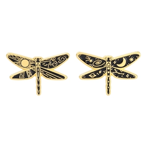 Cartoon enamel dragonfly pins set featuring sun and moon astronomical patterns on wings
