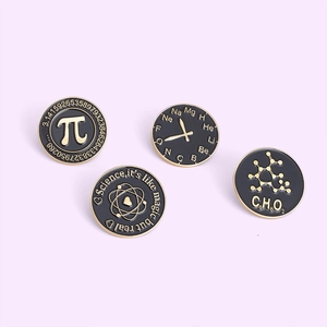Set of 4 science enamel pins featuring Pi symbol and atom model on black background