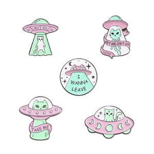 5-piece cartoon cat and UFO enamel pin set in pastel colors with creative space designs