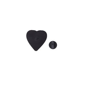 Rear view of black heart-shaped alloy pin with rubber clutch back on white background