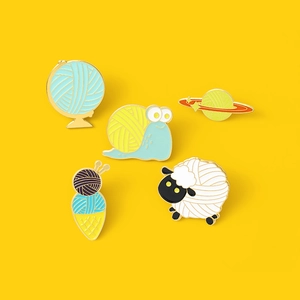 Set of 5 creative cartoon enamel pins featuring yarn ball animal and planet designs