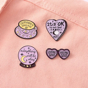 Inspirational Enamel Pin Set Cartoon Purple Alloy Brooch Star Moon Heart Crystal Ball Coffee Cup Aesthetic Denim Jacket Backpack Jewelry Accessory