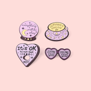 Set of 4 lavender enamel pins featuring mystical crystals and coffee designs