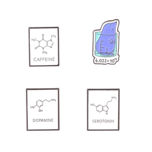Science enamel pin set with caffeine dopamine serotonin structures and mole constant