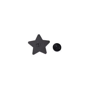 Matte black pentagram star brooch pin with rubber clasp back on white background