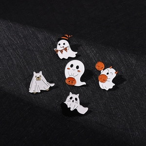 Set of 5 Halloween enamel pins featuring cute ghosts, pumpkin and wizard hat motifs